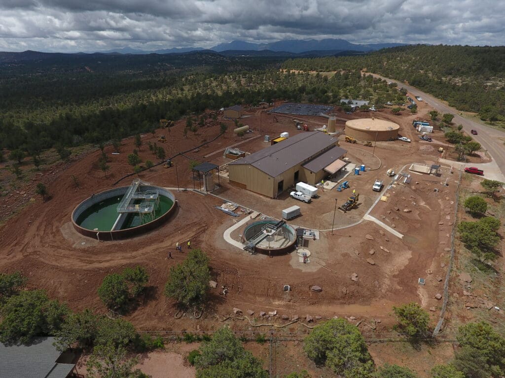 An aerial view of a construction site in the desert.
