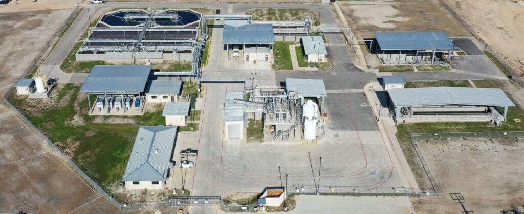An aerial view of a water treatment plant.