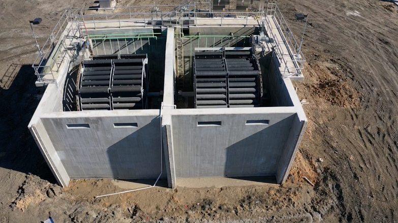 An aerial view of a large concrete structure.