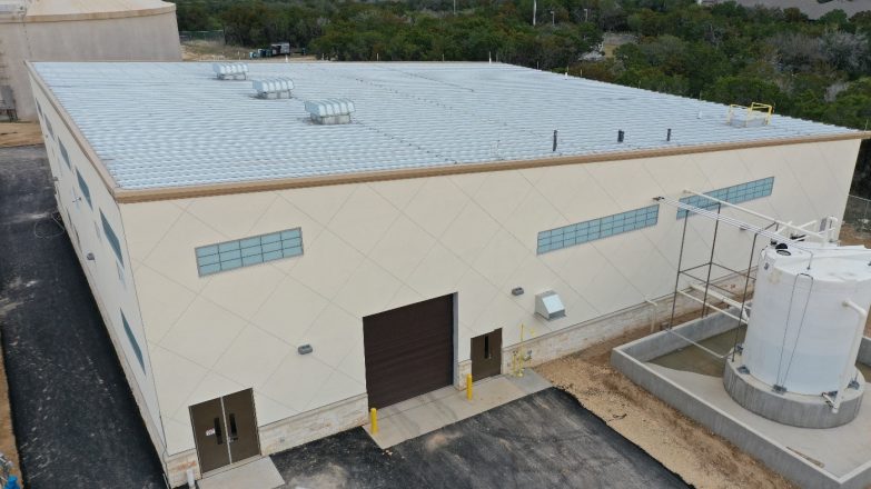 An aerial view of an industrial building.