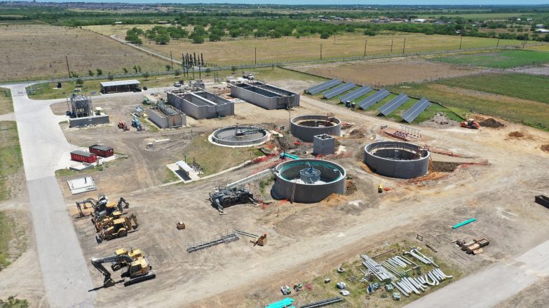 An aerial view of a wastewater treatment plant.